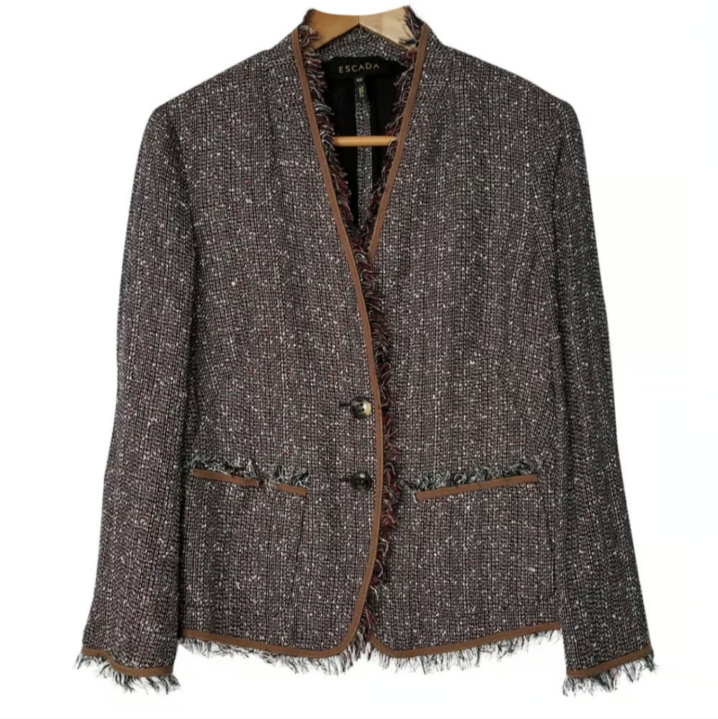 Escada Fringe Tweed/Linen Blend In Brown Sz Large/42
